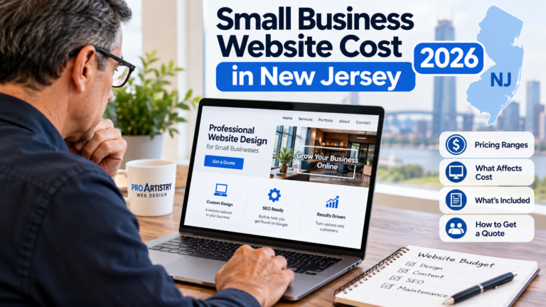 Small business owner reviewing a New Jersey website cost guide for 2026 on a laptop